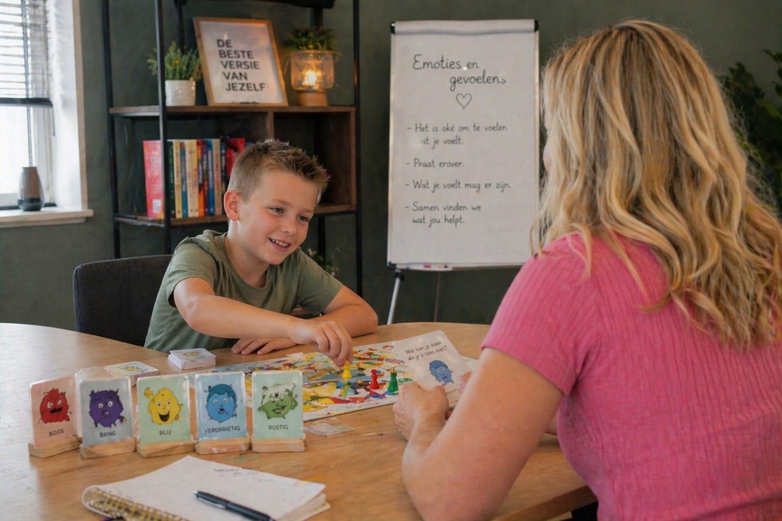 Lisa Kampshof tijdens een kindercoach-sessie met een jongen — werken met emotiekaarten